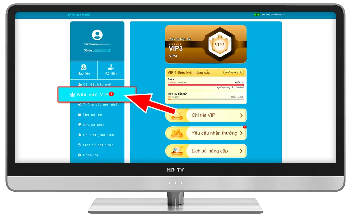 Bước 2: Chọn " Khu vực VIP " → chọn " Yêu cầu nhận thưởng ".